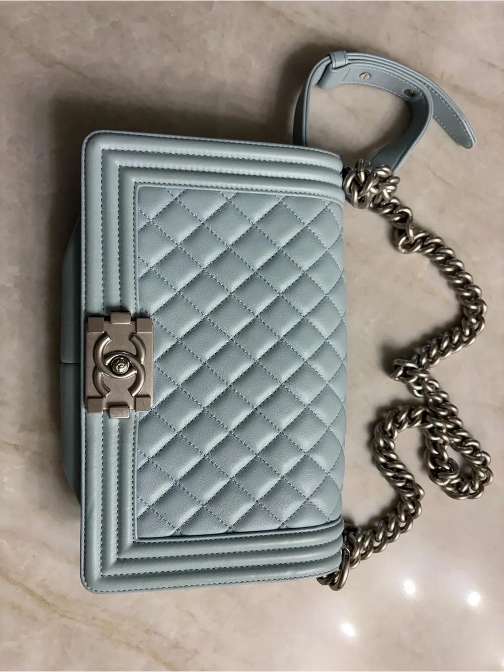 CHANEL Light Blue Quilted Boy Flap Shoulder Bag with Silver Chain